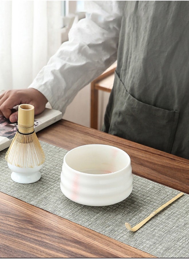 4-piece Japanese Matcha Set, Ceramic Matcha Bowl+Whisk Holder+Bamboo Whisk+Spoon,for Traditional Tea Ceremony-Coarse Ceramic Perfect Handmade Matcha Kit to Prepare Traditional Matcha Tea, 100% Natural Matcha Gift Kit (White and pink)