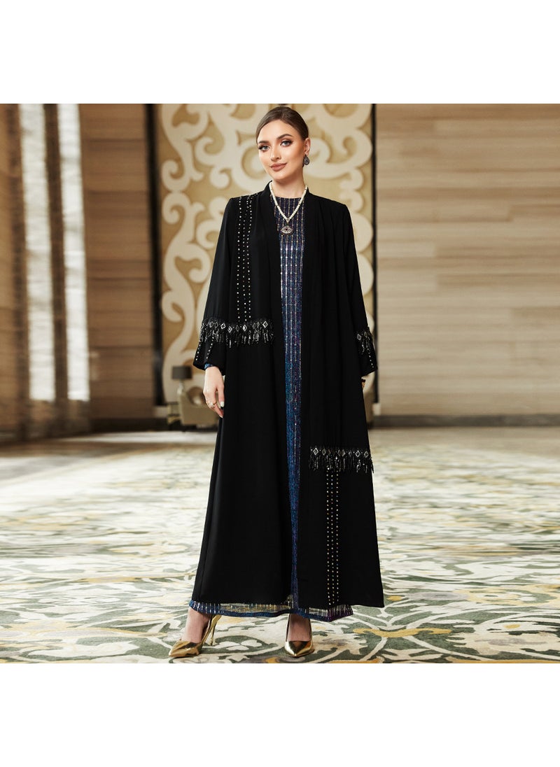 Black tassel colorful beads cardigan outer wear robe MUSILIM ABAYA clothing Black