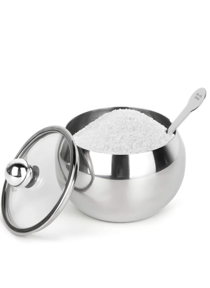 Stainless Steel Sugar Bowl with Clear Lid and Sugar Spoon, 8.1 Ounce (240ml) Sugar Container for Home and Kitchen