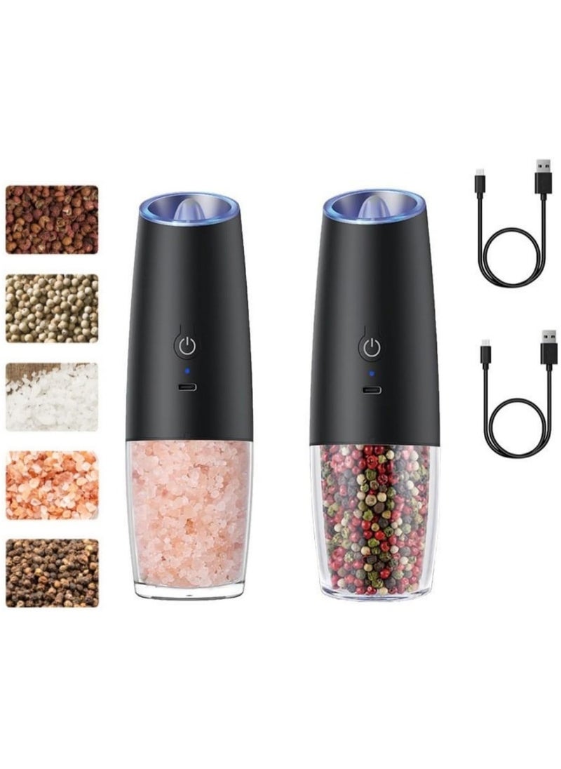 Electric Salt and Pepper Grinder Set, USB Rechargeable Salt and Pepper Mill Grinder, Adjustable Coarseness Automatic Grinder, LED Light, One Handed Operation (2 Pack)