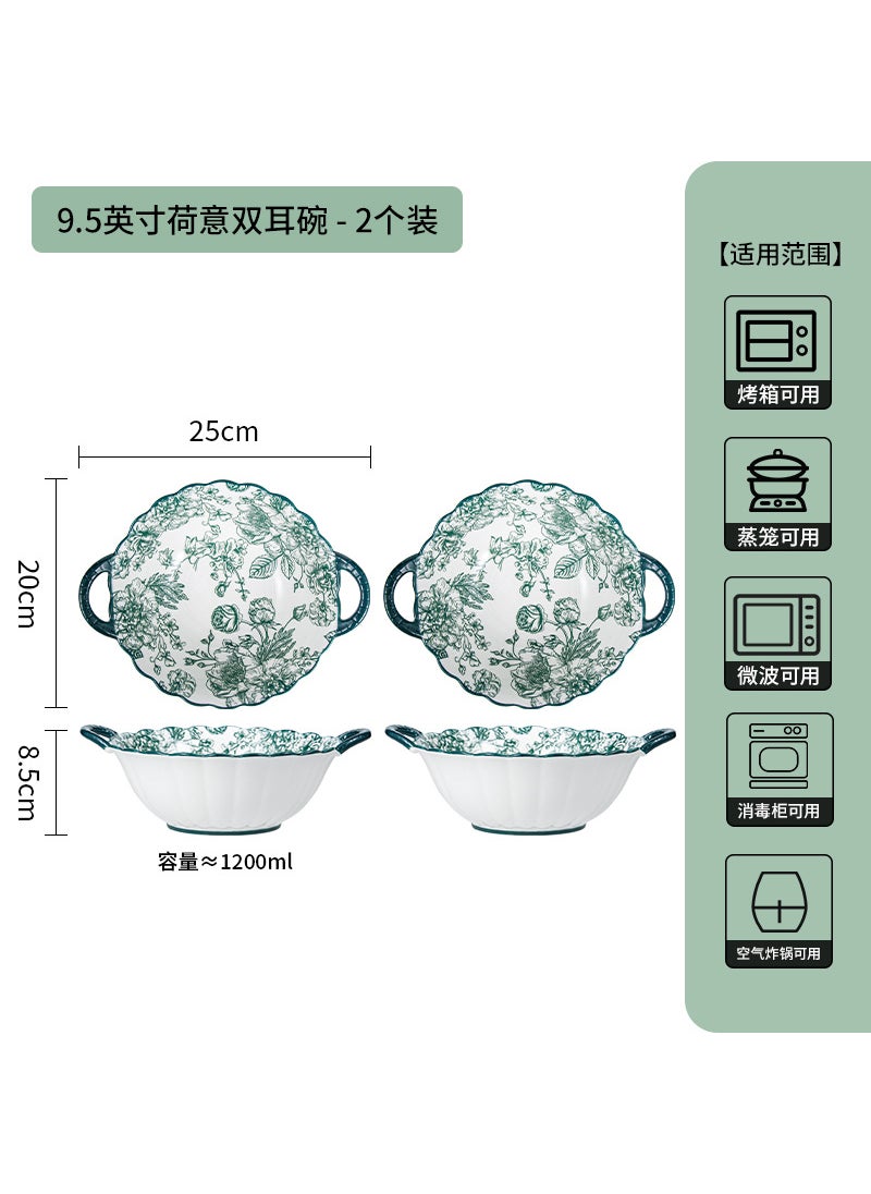 Japanese-Chinese Style Ceramic Dinnerware Set 9.5inch heyi double ear bowl-rose queen green-2 pack