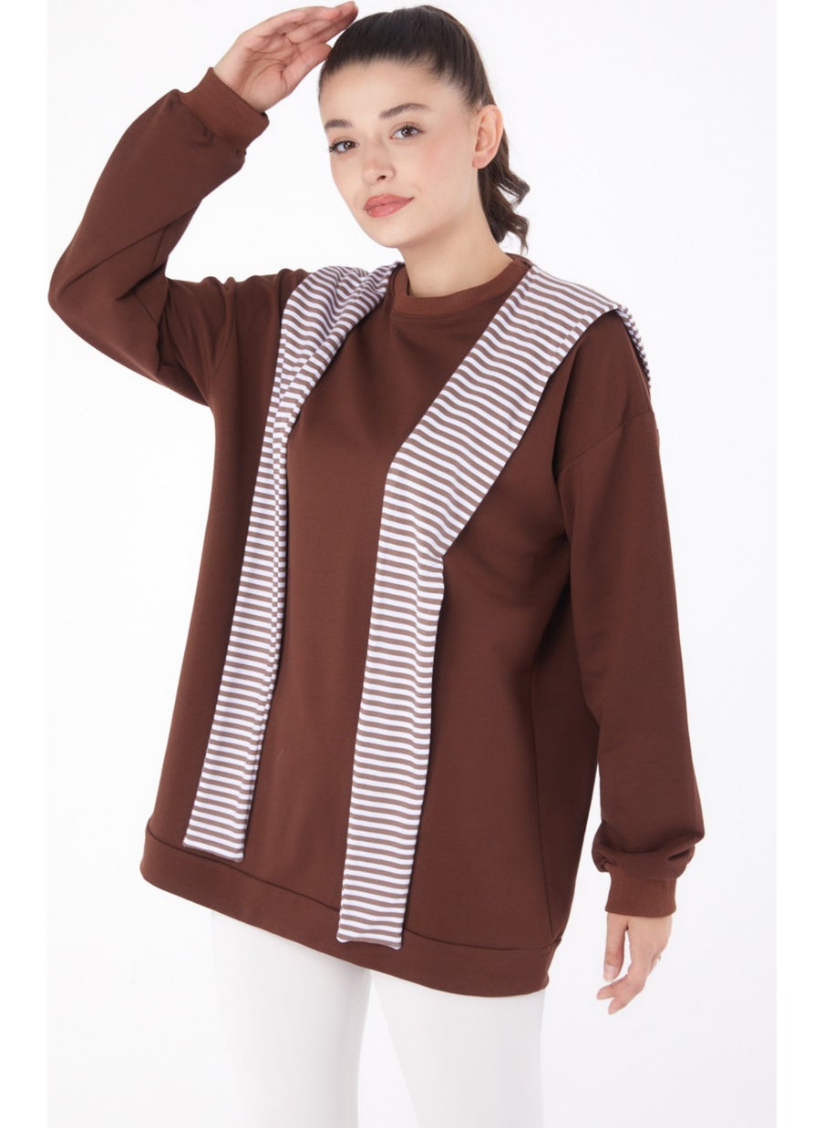 Plain Crew Neck Women's Brown Shawl Sweat - 26223