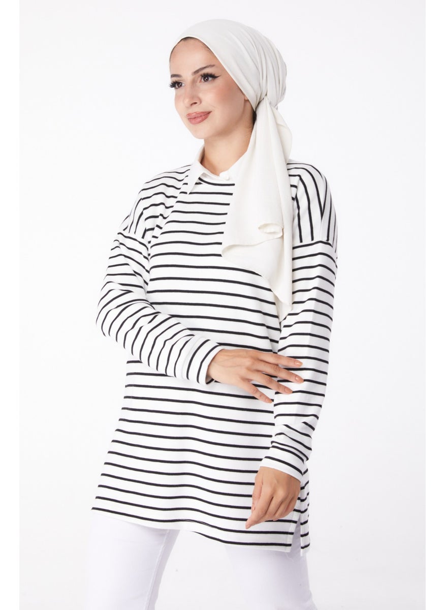 Plain Crew Neck Women's Black Striped Sweat - 26245