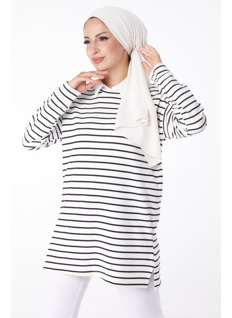 Plain Crew Neck Women's Black Striped Sweat - 26245