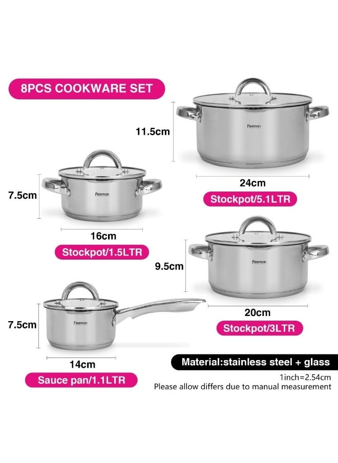 Fissman 8-Piece Cookware Set Federica With Glass Lids Premium Stainless Steel Durable And Heat-Resistant Perfect For Cooking Searing And Simmering Ideal For Home Kitchens