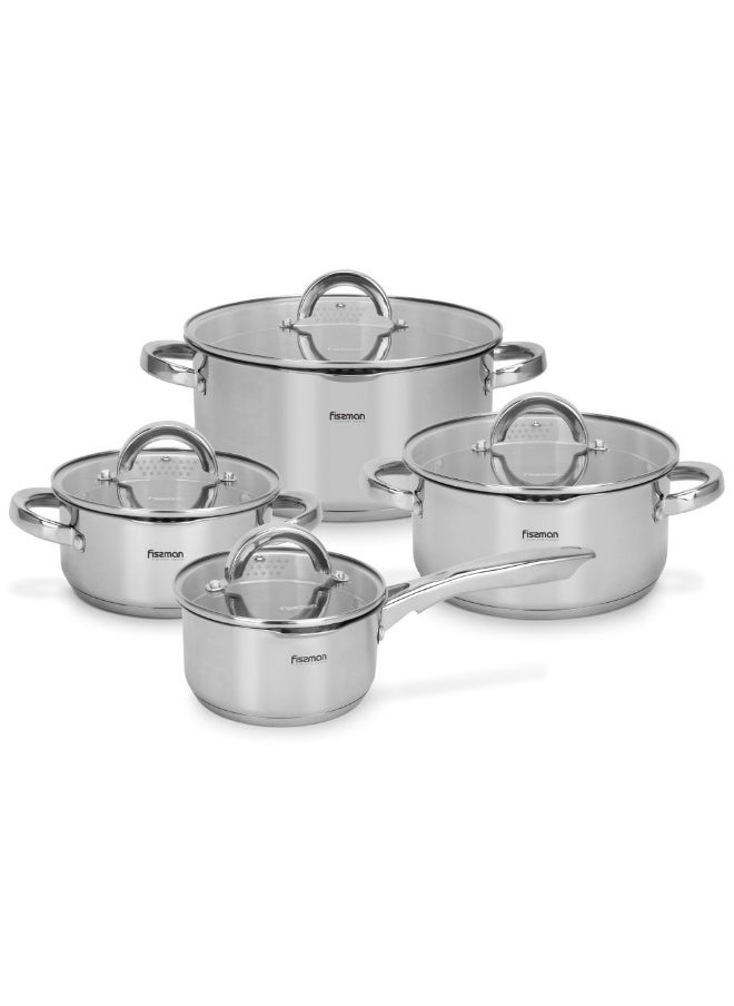 Fissman 8-Piece Cookware Set Federica With Glass Lids Premium Stainless Steel Durable And Heat-Resistant Perfect For Cooking Searing And Simmering Ideal For Home Kitchens