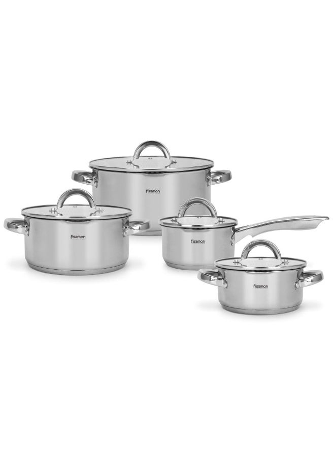 Fissman 8-Piece Cookware Set Federica With Glass Lids Premium Stainless Steel Durable And Heat-Resistant Perfect For Cooking Searing And Simmering Ideal For Home Kitchens