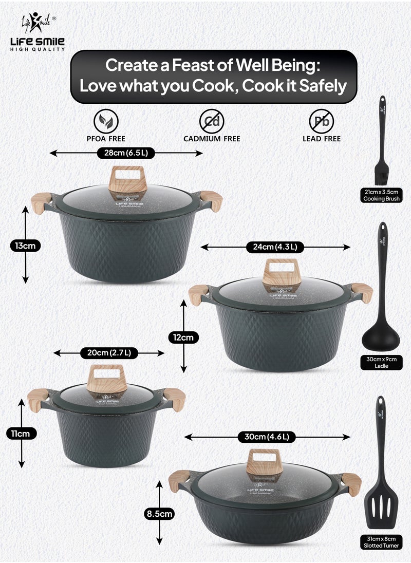 Cookware Set 11 pieces - LIFE SMILE Pots and Pans set Granite Non Stick Coating 100% PFOA FREE, Induction Base Cooking Set include Casseroles & Shallow Pot & Silicone Utensils