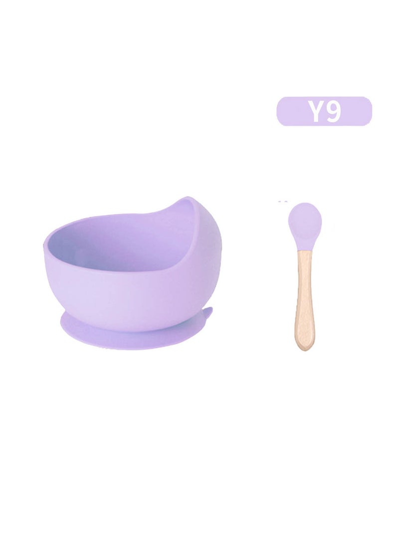 Baby silicone feeding 2-Piece Set baby silicone sucker bowl Beech spoon feeding eating children tableware suit Snail Bowl purple + wooden handle spoon