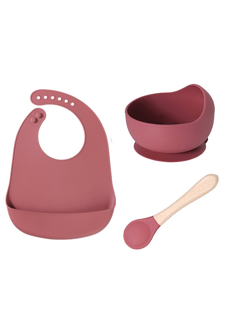 Silicone Baby Bib BPA-Free Toddler Feeding Set Wine Red 3-piece set