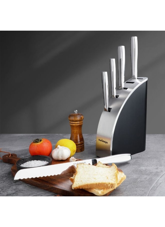 Chef'S Delight Celina Pro 6 Piece Set With Wooden Block High Quality Stainless Steel Kitchen Knives For Precision Cutting And Safe Storage Black And Silver