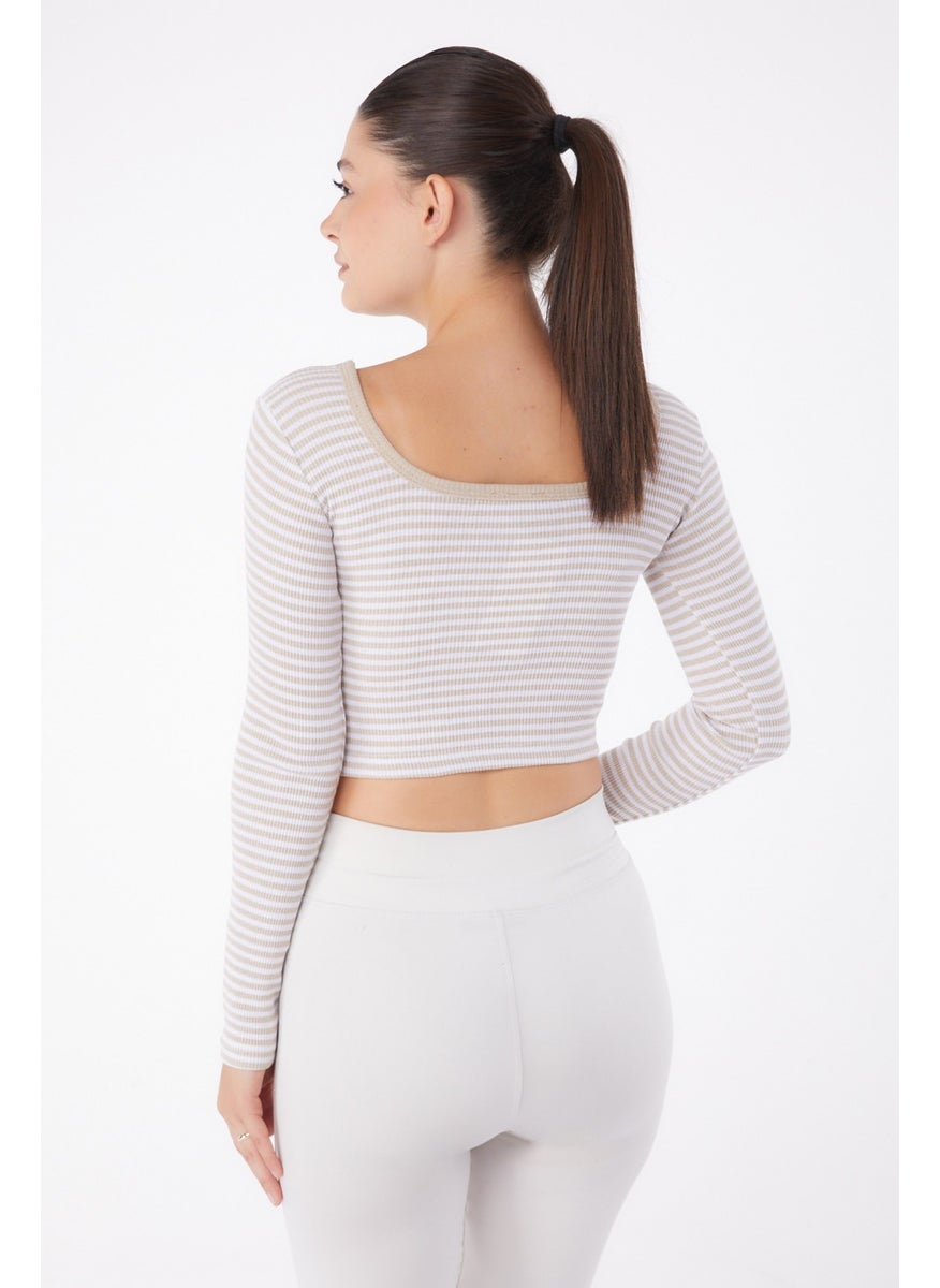 Plain Medium Women's Beige Striped Crop - 26119