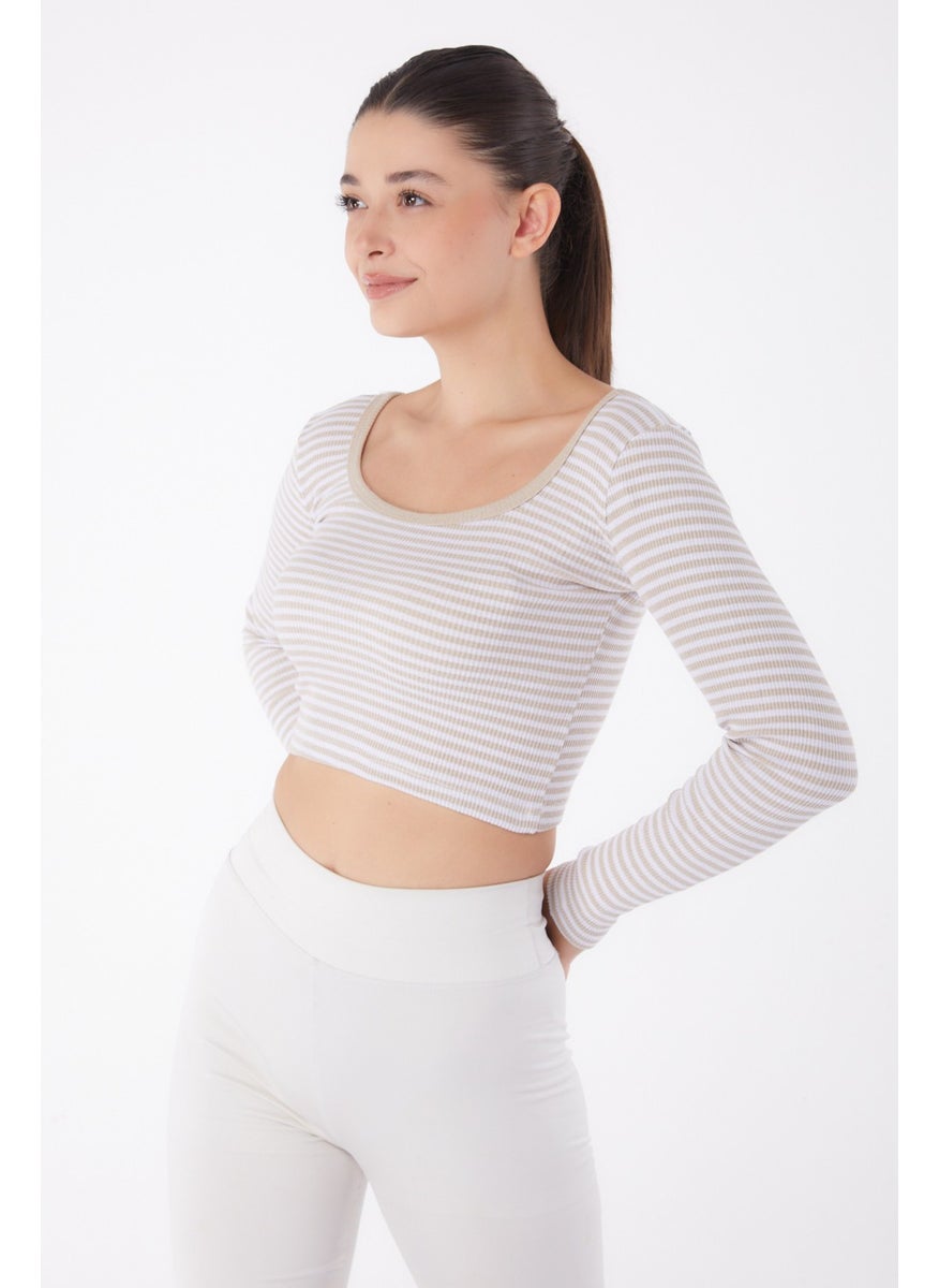 Plain Medium Women's Beige Striped Crop - 26119