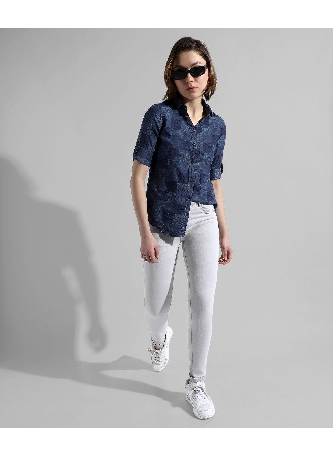 Women's Blue Checkered Regular Fit Shirt