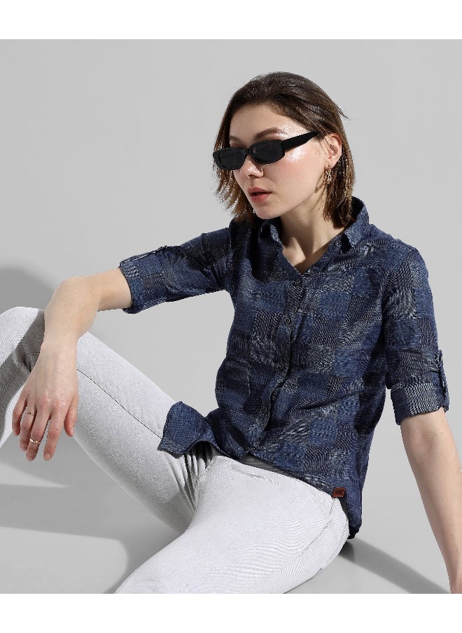 Women's Blue Checkered Regular Fit Shirt