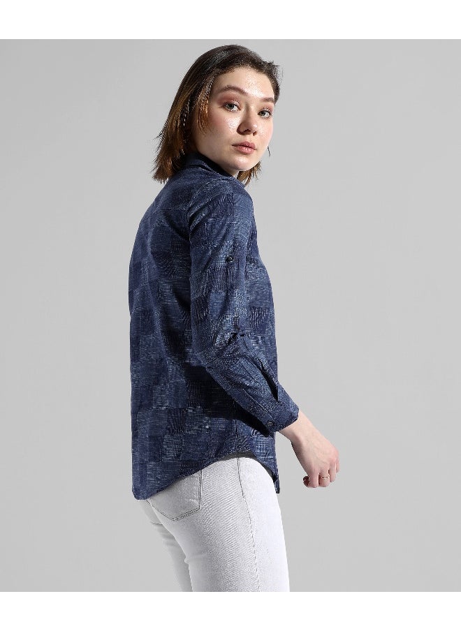 Women's Blue Checkered Regular Fit Shirt