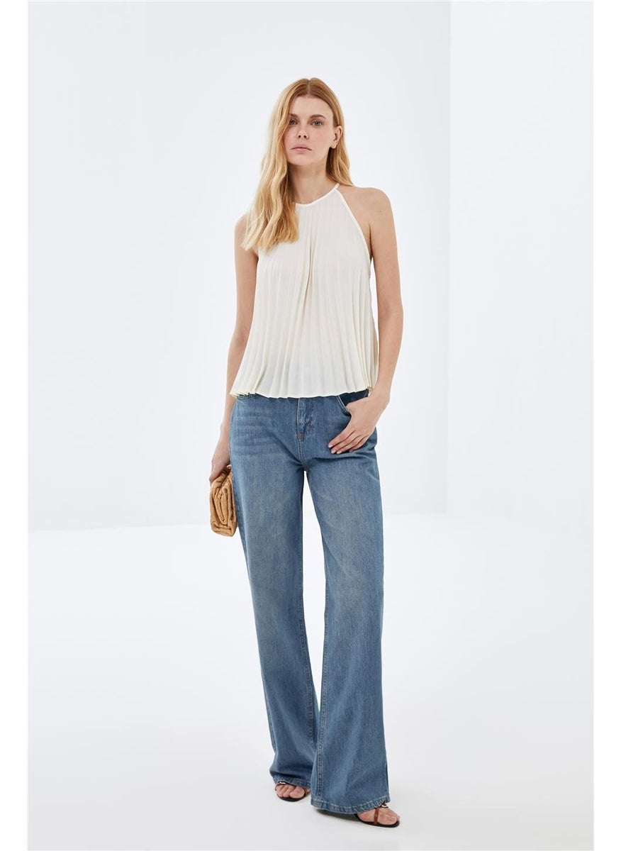 Ecru Halter Neck Pleated Flowy Blouse