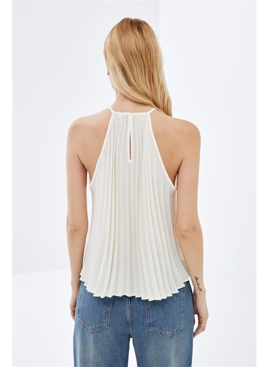 Ecru Halter Neck Pleated Flowy Blouse