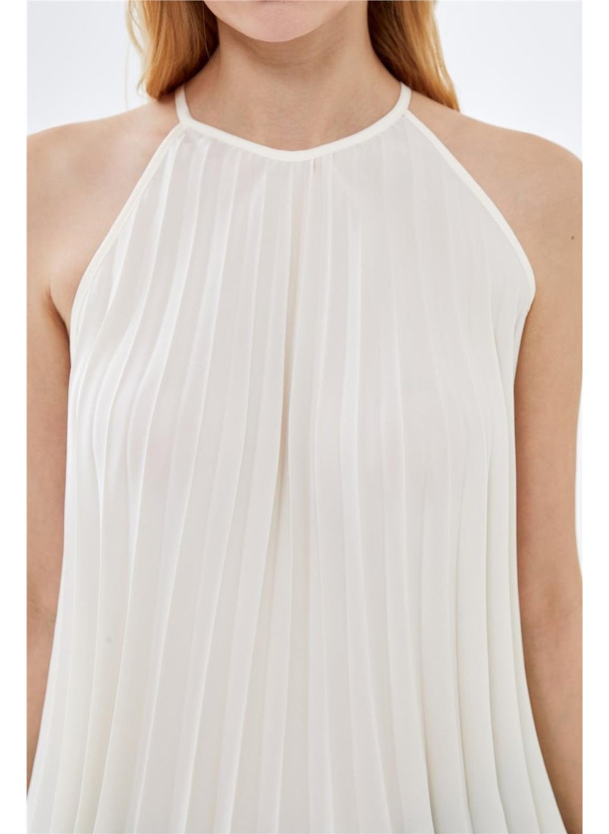 Ecru Halter Neck Pleated Flowy Blouse