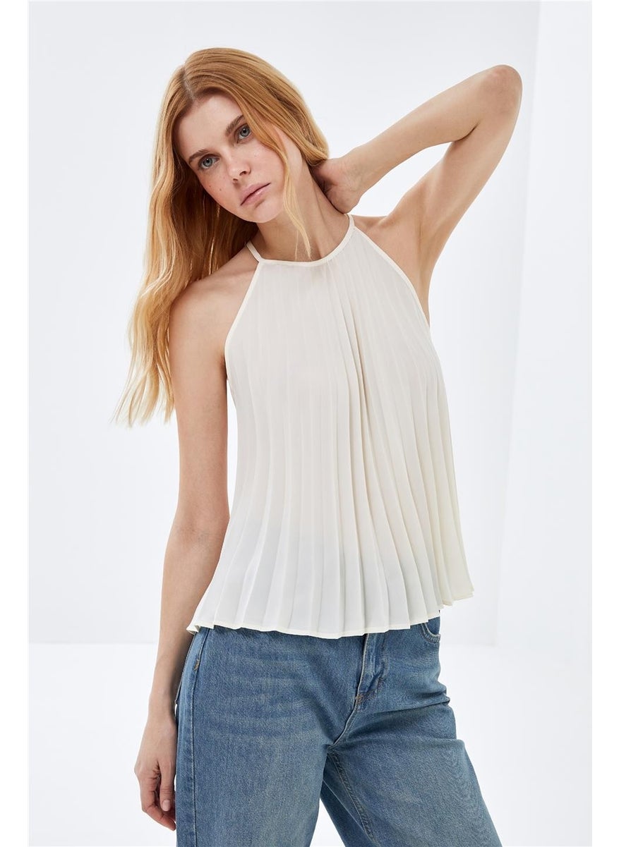 Ecru Halter Neck Pleated Flowy Blouse