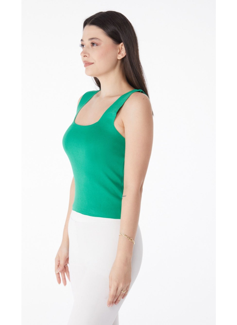 Plain Mid Women Green Summer Knitwear Crop - 25220