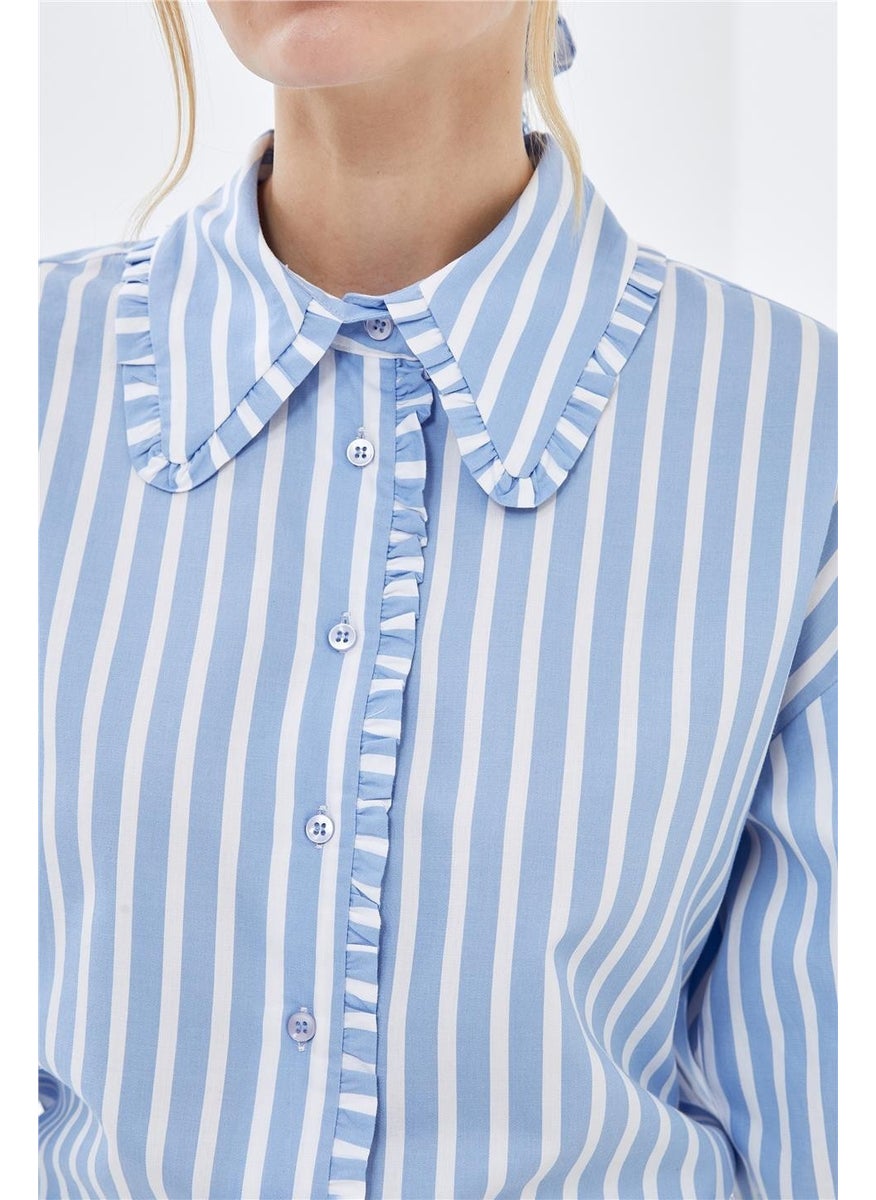 Poplin Shirt with Blue Striped Collar and Ruffle Detail