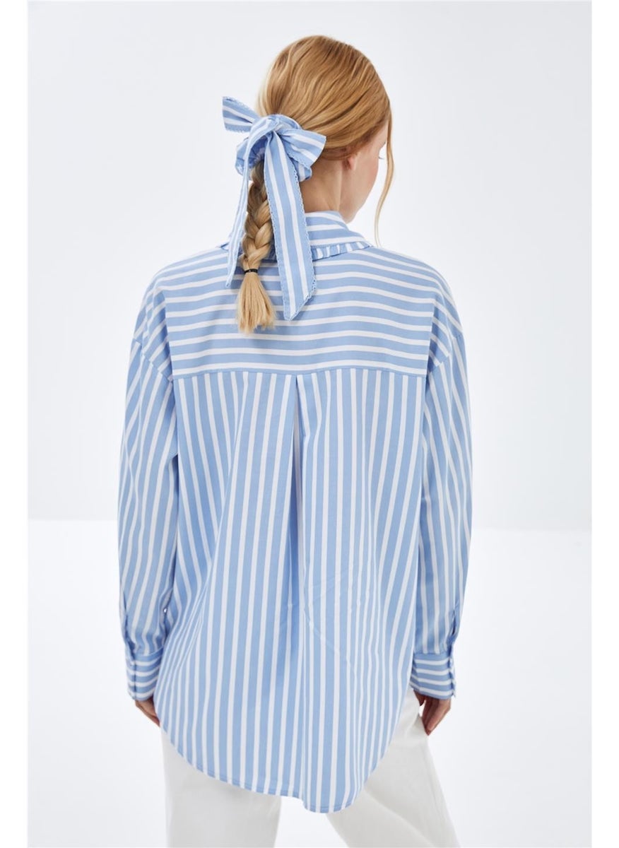 Poplin Shirt with Blue Striped Collar and Ruffle Detail