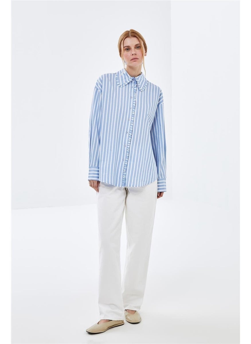 Poplin Shirt with Blue Striped Collar and Ruffle Detail