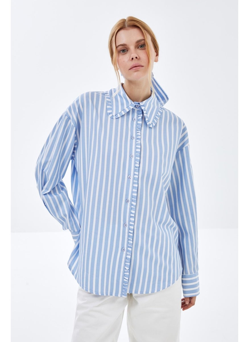 Poplin Shirt with Blue Striped Collar and Ruffle Detail