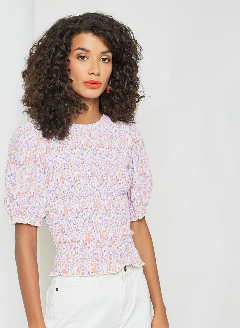 Shirred Floral Print Top White