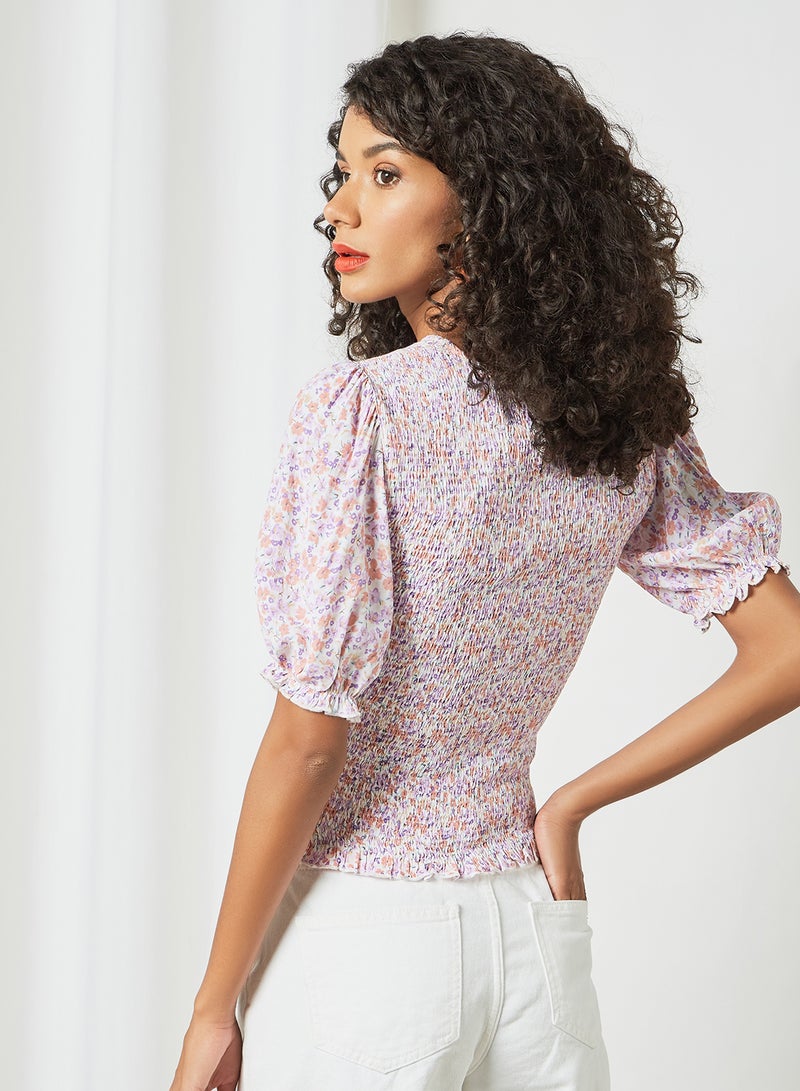 Shirred Floral Print Top White