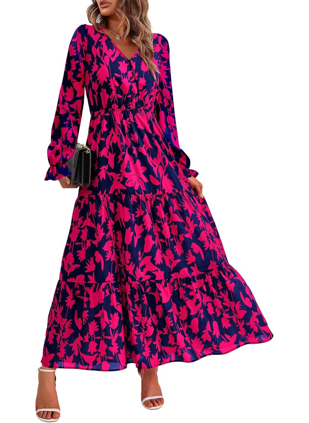 V-Neck Elastic Waist Printed Casual Long Sleeve Dress blue flowers