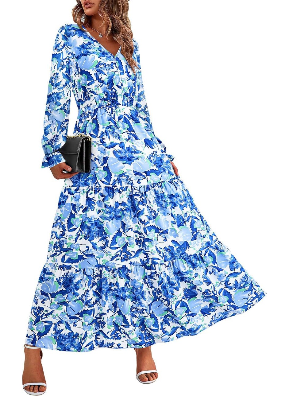 V-Neck Elastic Waist Printed Casual Long Sleeve Dress blue flowers