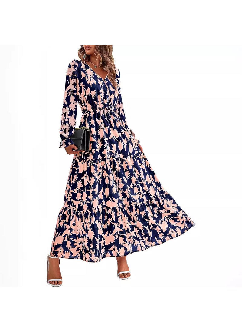 V-Neck Elastic Waist Printed Casual Long Sleeve Dress blue flowers