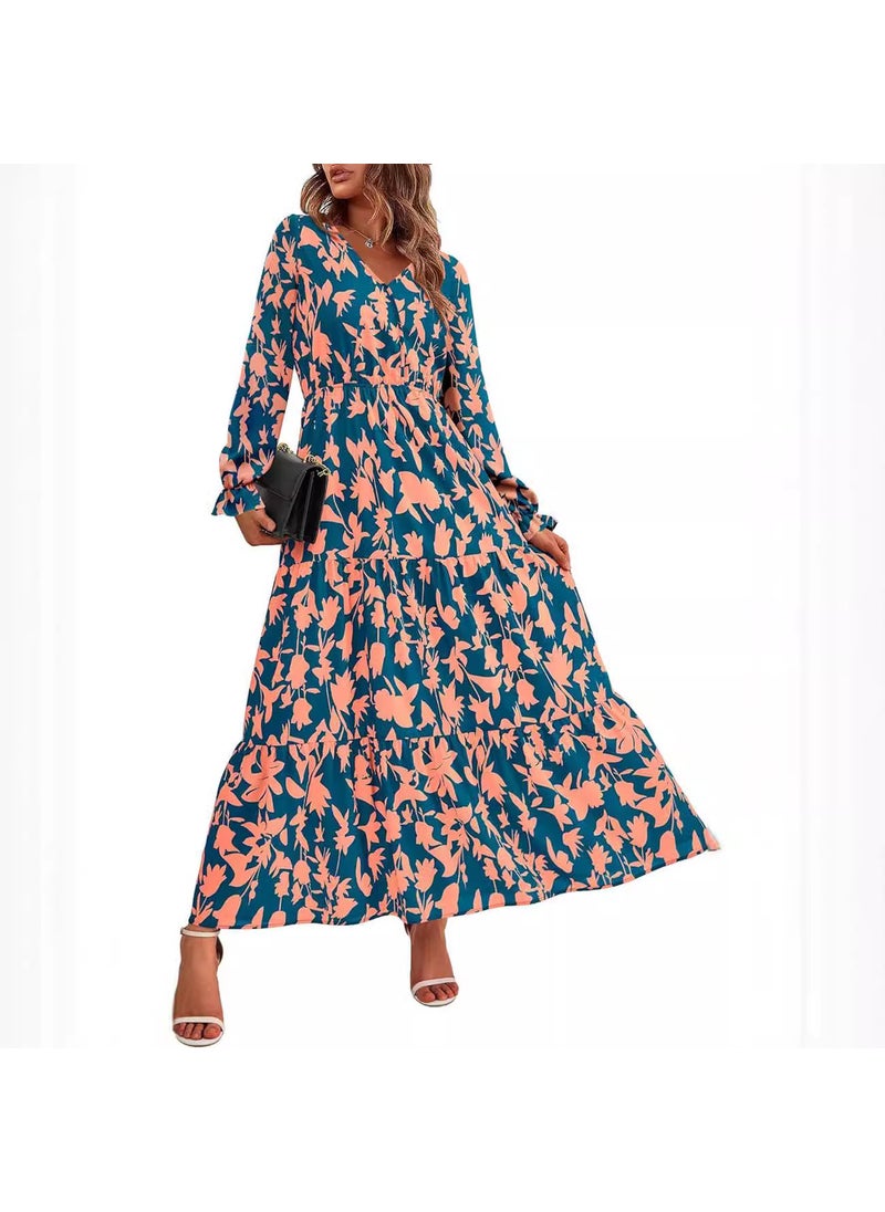 V-Neck Elastic Waist Printed Casual Long Sleeve Dress blue flowers