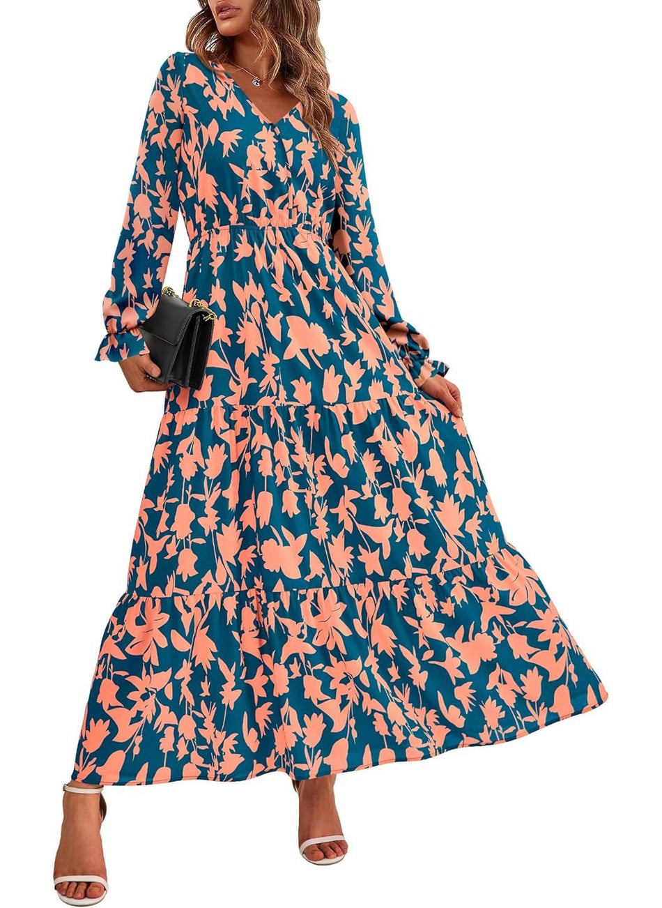 V-Neck Elastic Waist Printed Casual Long Sleeve Dress blue flowers