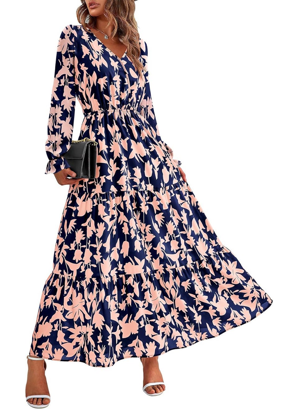 V-Neck Elastic Waist Printed Casual Long Sleeve Dress blue flowers