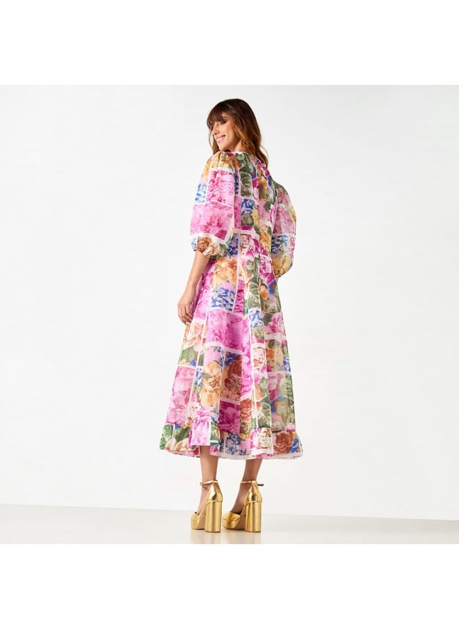 Iconic All-Over Floral Print Midi Dress with V-neck and 3/4 Sleeves