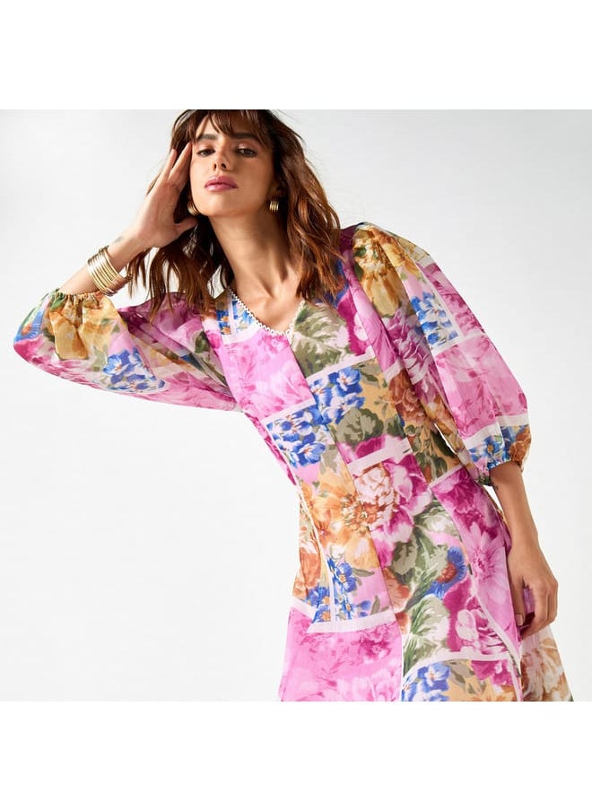 Iconic All-Over Floral Print Midi Dress with V-neck and 3/4 Sleeves
