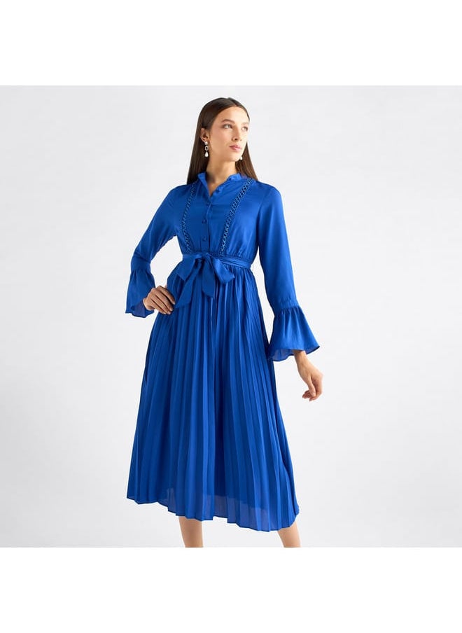 Solid Pleated Mandarin Collar Dress with Bell Sleeves and Tie-Up Belt