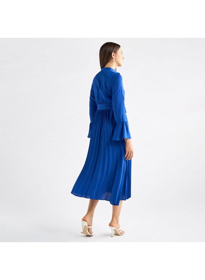 Solid Pleated Mandarin Collar Dress with Bell Sleeves and Tie-Up Belt