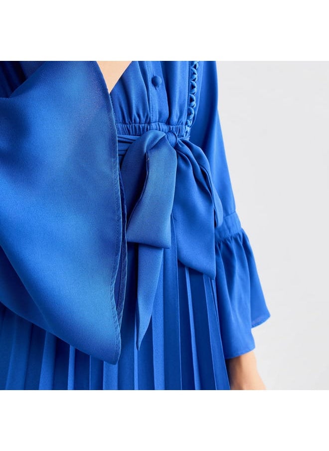 Solid Pleated Mandarin Collar Dress with Bell Sleeves and Tie-Up Belt