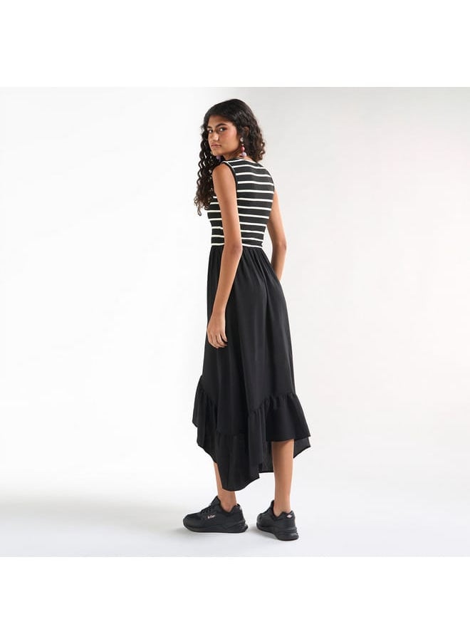 Striped Sleeveless Dress with Round Neck and Asymmetrical Hemline