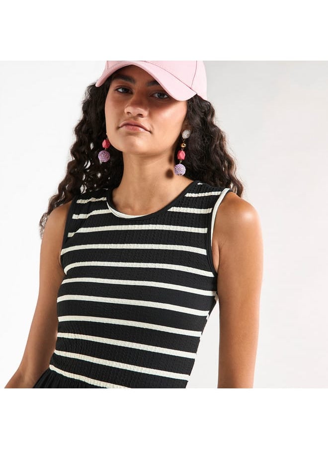 Striped Sleeveless Dress with Round Neck and Asymmetrical Hemline