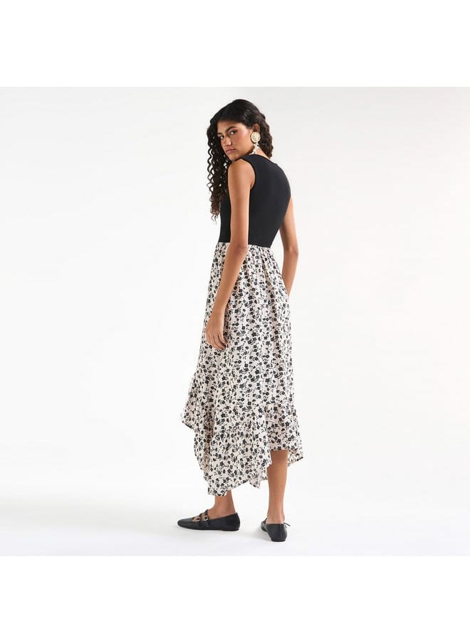 Floral Print Sleeveless Dress with Round Neck and Asymmetrical Hem