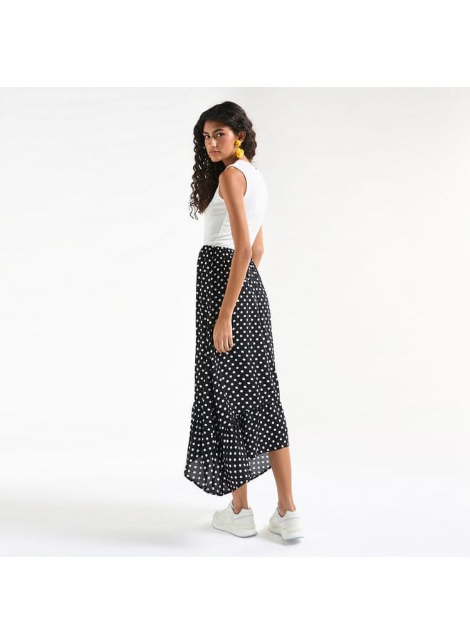 Polka Dot Print Sleeveless Dress with Round Neck and Asymmetrical Hem