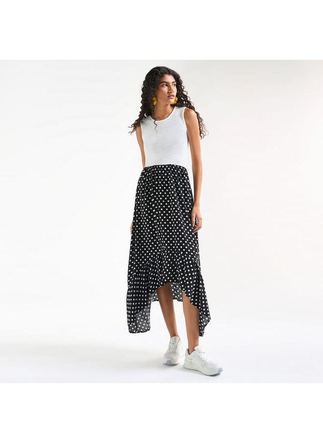 Polka Dot Print Sleeveless Dress with Round Neck and Asymmetrical Hem