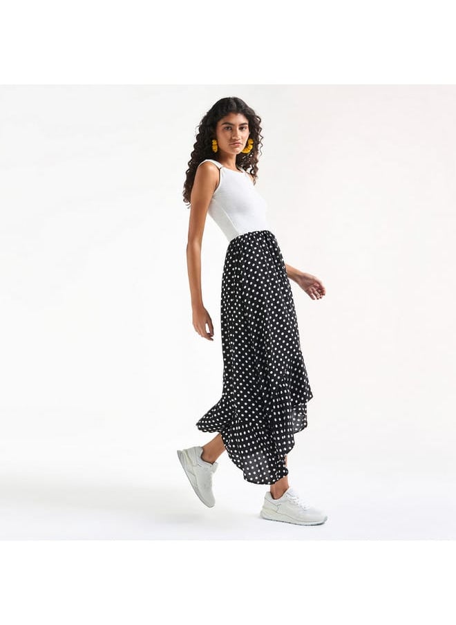 Polka Dot Print Sleeveless Dress with Round Neck and Asymmetrical Hem