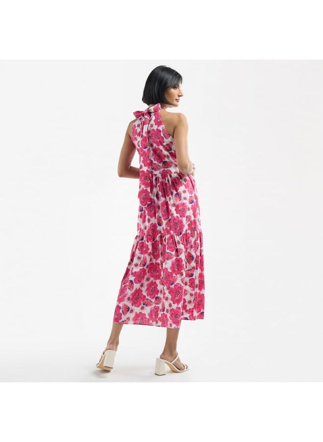 All-Over Floral Print Halter Neck Tiered Dress with Tie-Ups