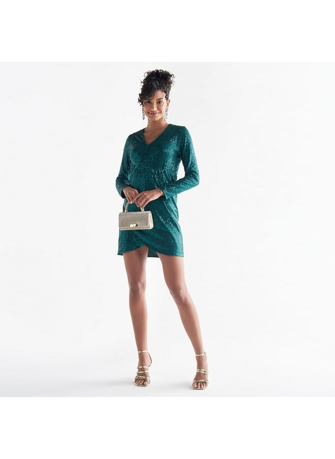 All-Over Embellished V-neck Dress with Long Sleeves